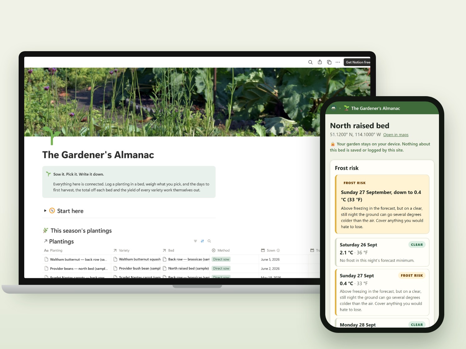 The Gardener's Almanac Notion dashboard on a laptop, with a bed's frost forecast on a phone