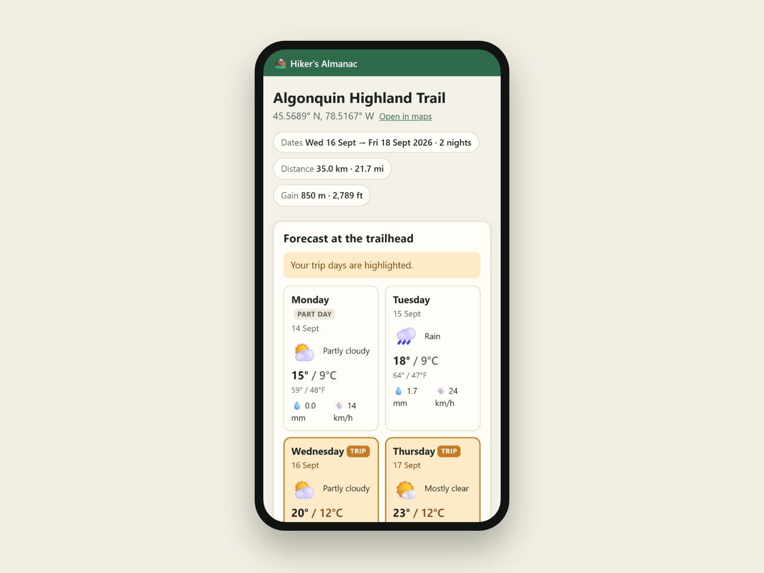 A phone showing a trailhead forecast with the trip days highlighted