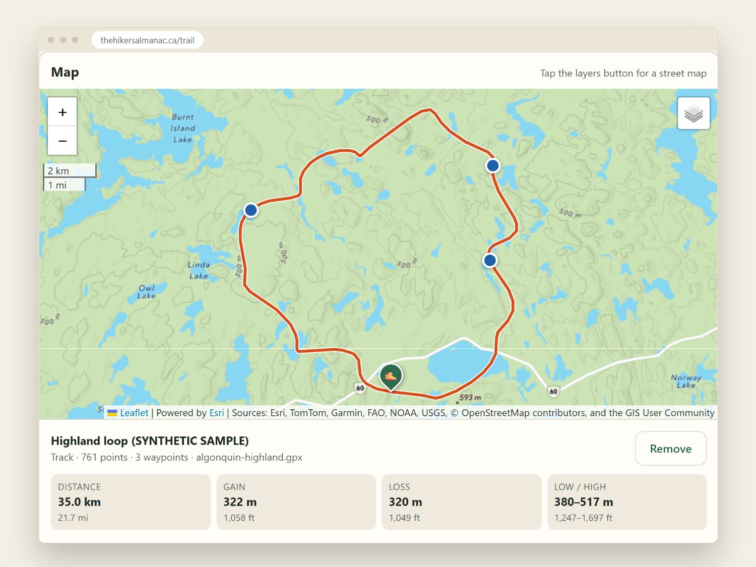 A topo map with a loop route and its distance, gain and loss