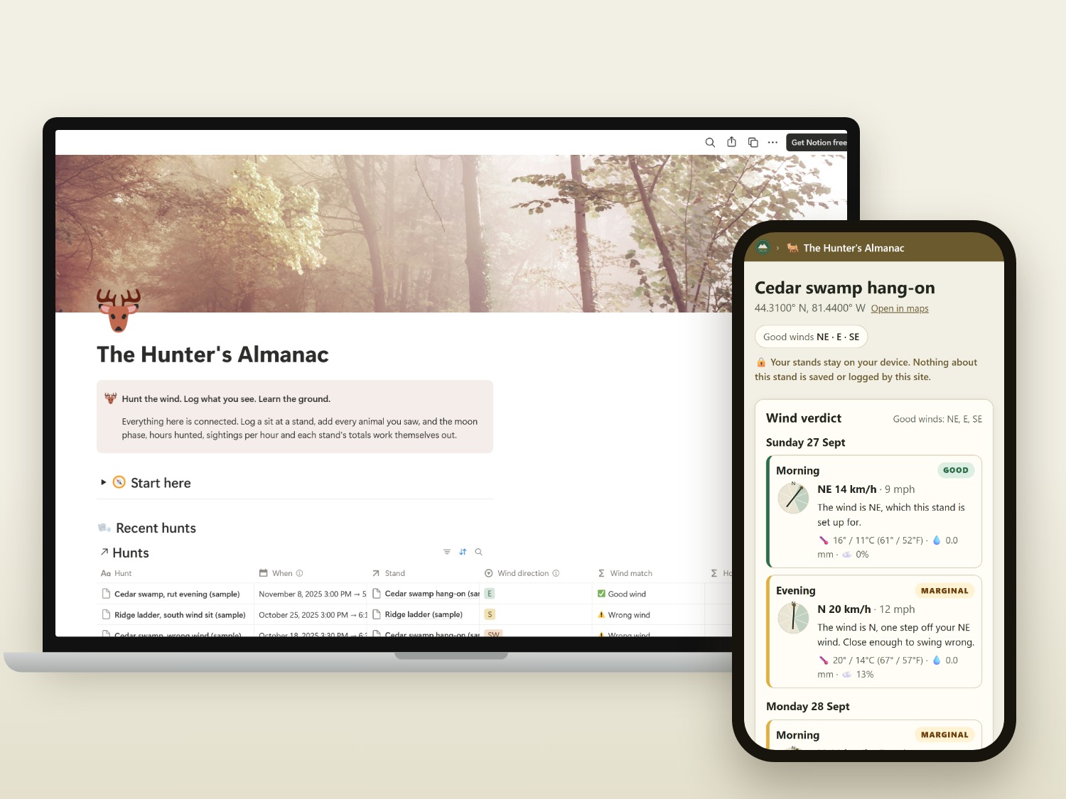 The Hunter's Almanac Notion dashboard on a laptop, with a stand's wind and forecast page on a phone