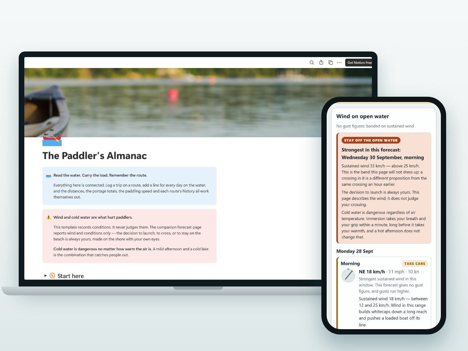 The Paddler's Almanac Notion dashboard on a laptop, with a route's wind forecast on a phone